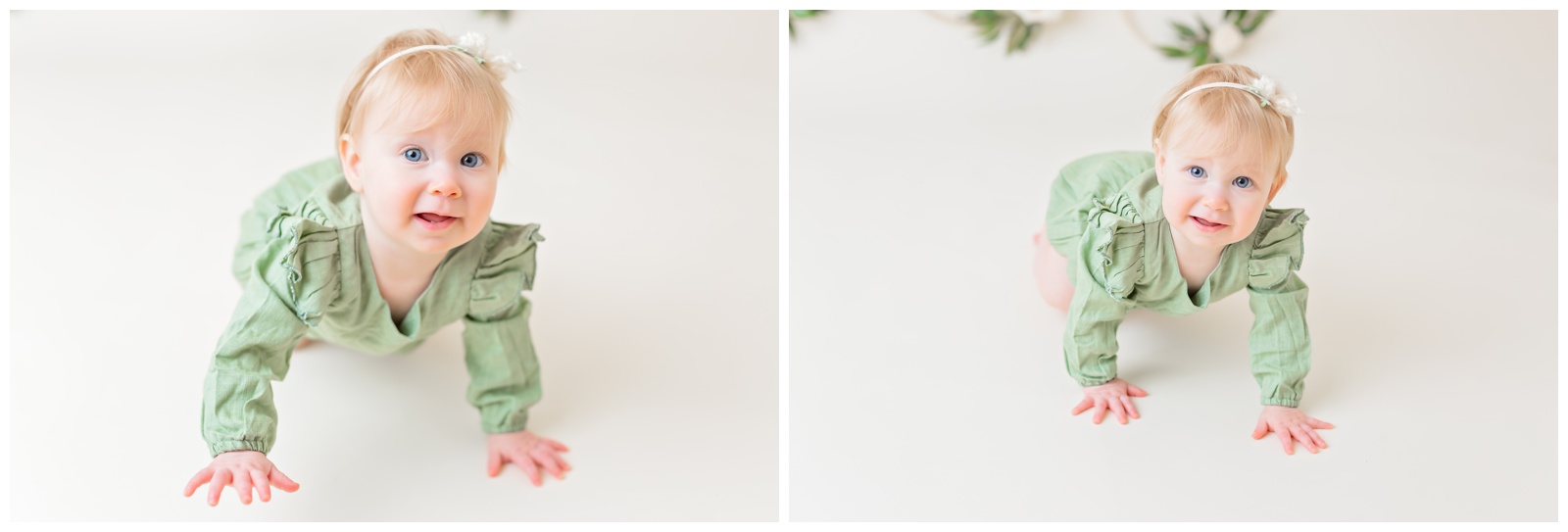 1 year old in green romper crawling, cake smash session