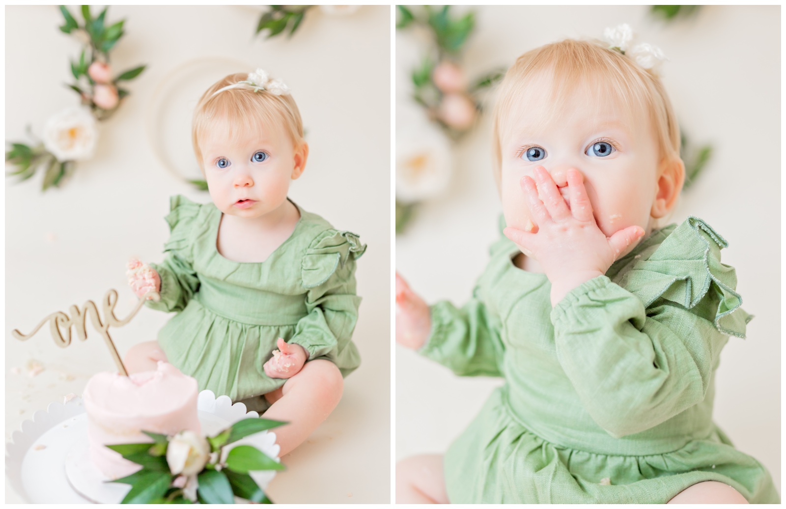 1 year old eating pink naked cake, organic floral hoops in background, cake smash session