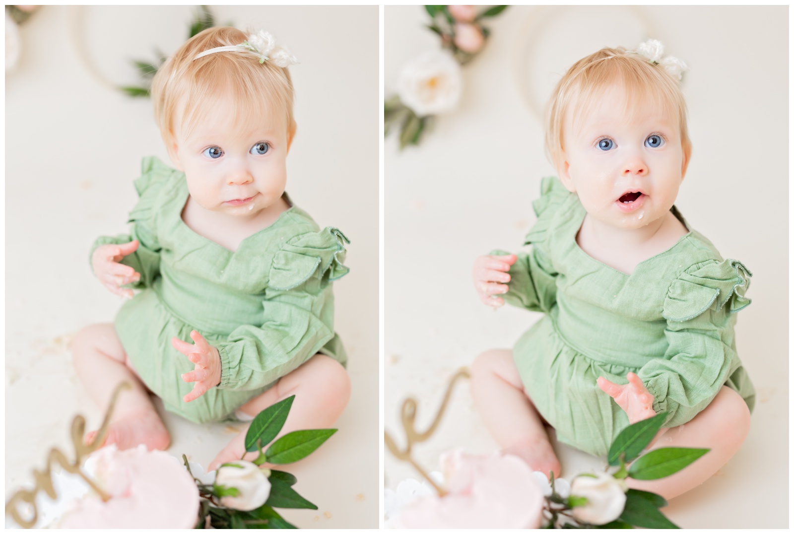 1 year old eating pink naked cake, organic floral hoops in background, cake smash session