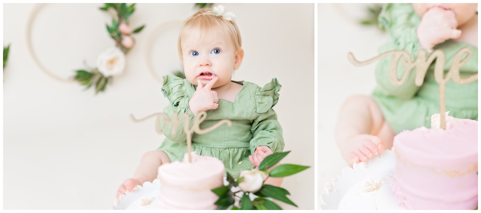 1 year old eating pink naked cake, organic floral hoops in background, cake smash session