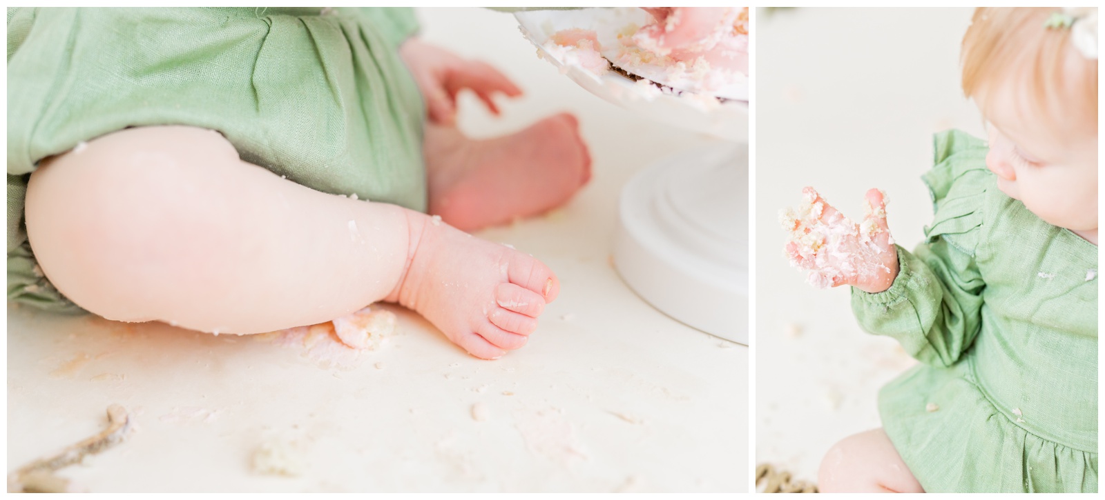 close up of baby toes, fingers eating pink naked cake, cake smash, cake smash session