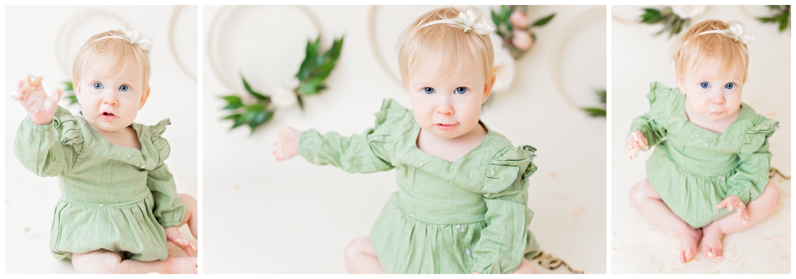 1 year old eating pink naked cake, organic floral hoops in background, cake smash session