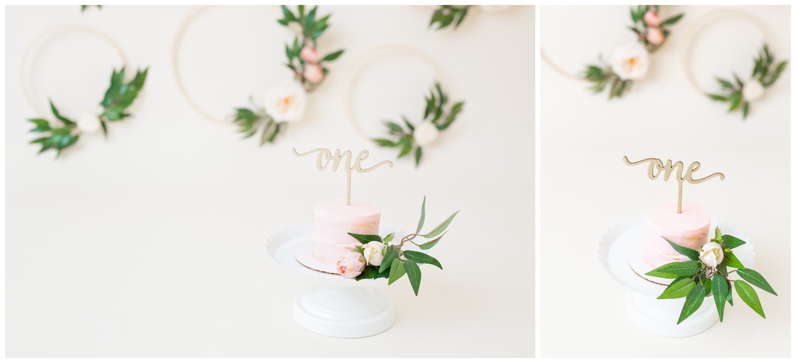 cake smash session backdrop, pink naked cake, white and pink flowers