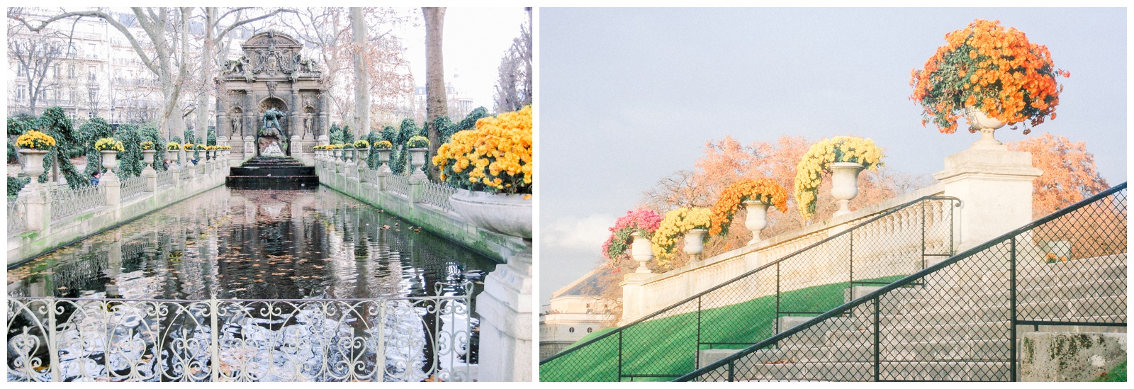 Medici Fountain, orange & yellow flowers at Jardin du Luxembourg, Paris, France