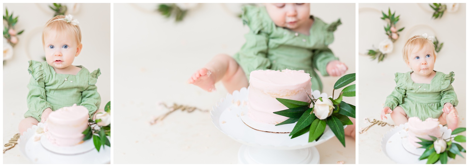 1 year old eating pink naked cake, baby toes, organic floral hoops in background, cake smash session