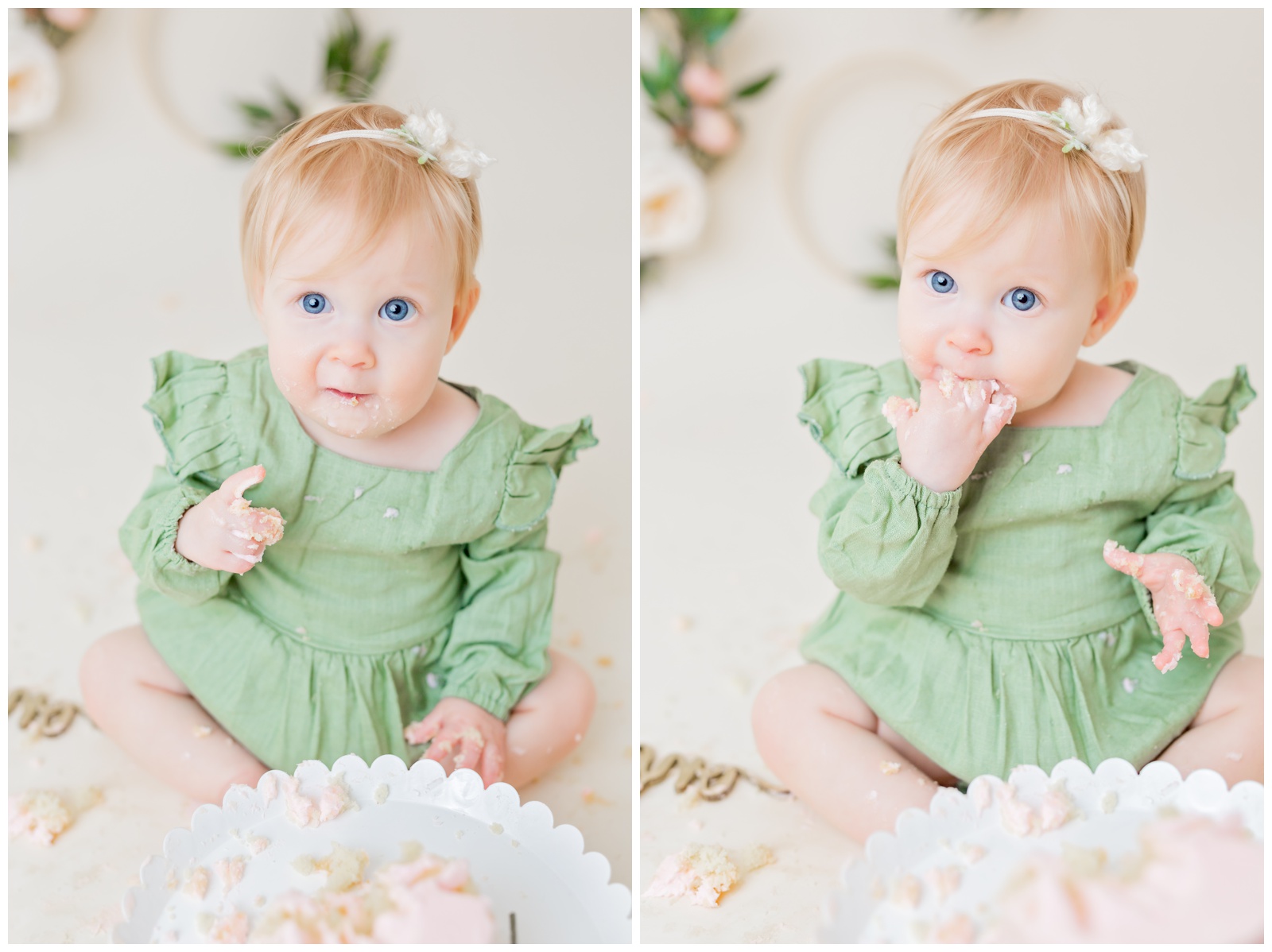 1 year old eating pink naked cake, organic floral hoops in background, cake smash session